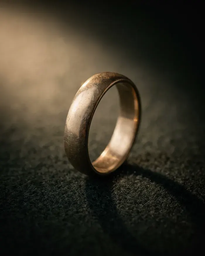 A worn yellow gold wedding band standing on dark green felt