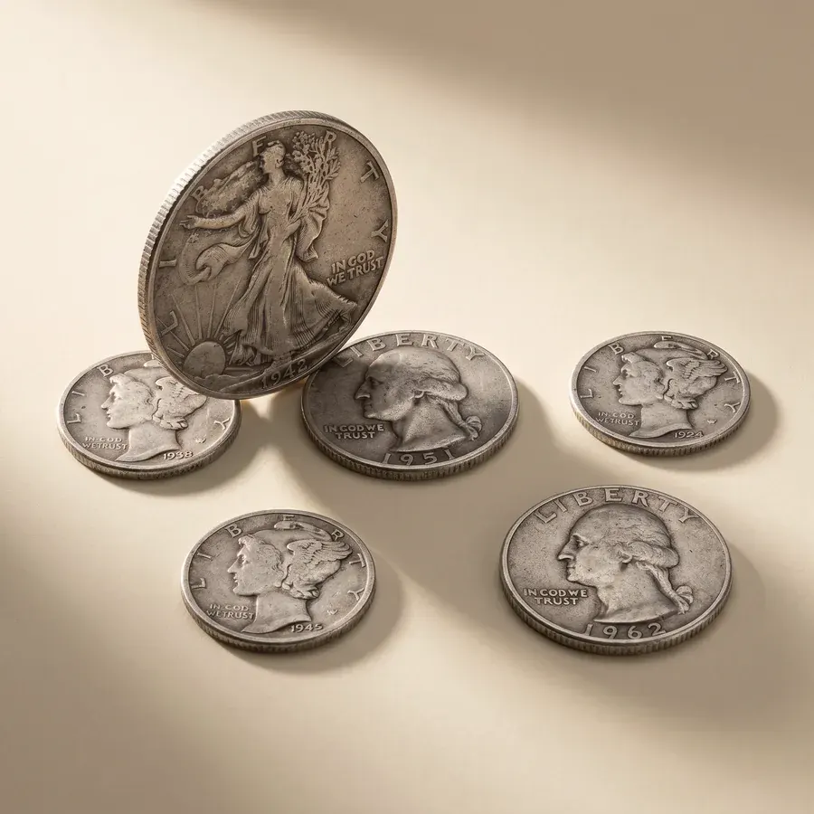 Five circulated pre-1965 United States ninety percent silver coins