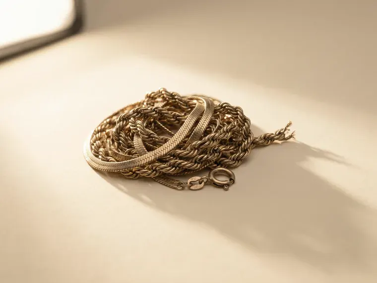 A tangled fine gold chain on warm ivory paper