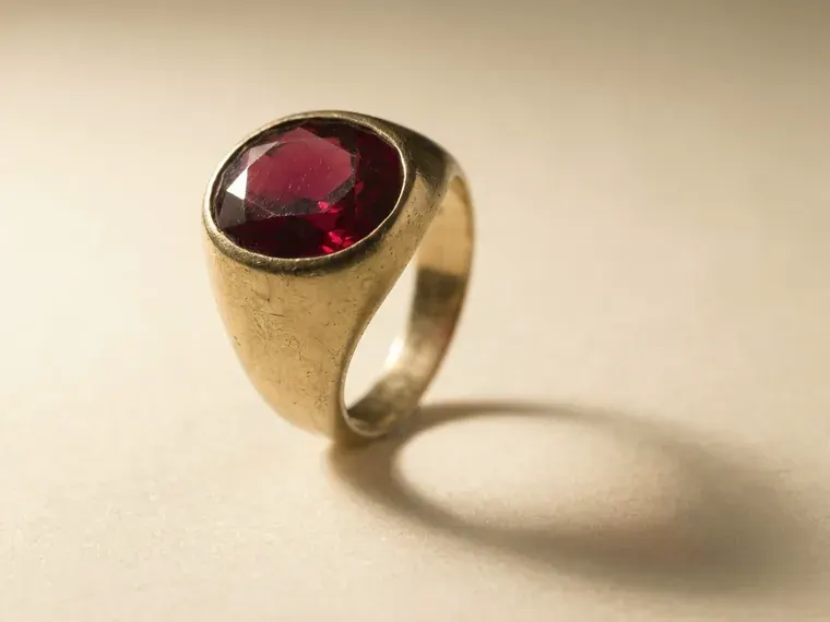 A heavy vintage yellow gold ring set with a deep red faceted stone